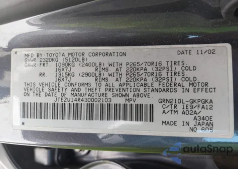 2003 Toyota 4Runner Sr5 V6 z USA, uszkodzony, nr VIN JTEZU14R430002103